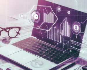 Professional on laptop, highlighting AWS use for cost optimization and security.