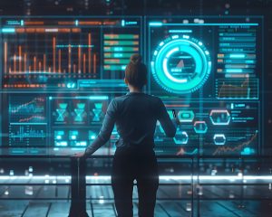 Woman stands before a futuristic interface, symbolizing data transformation steps.