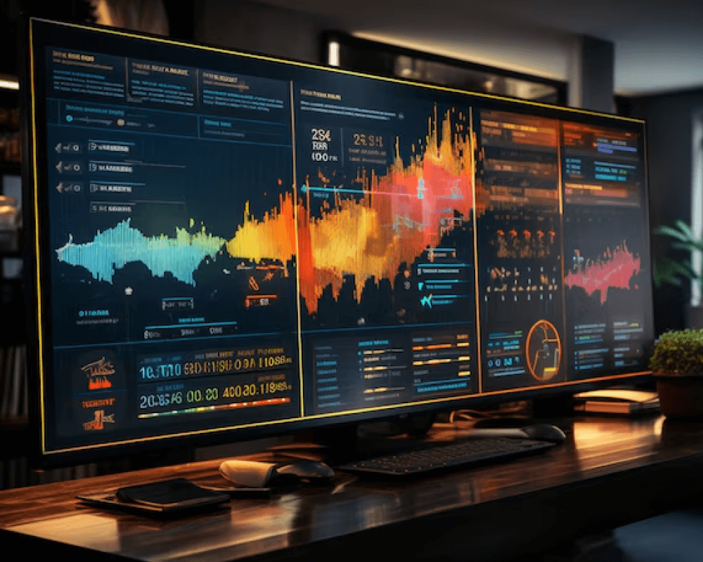 Monitor showing a financial dashboard for data transformation and analysis.